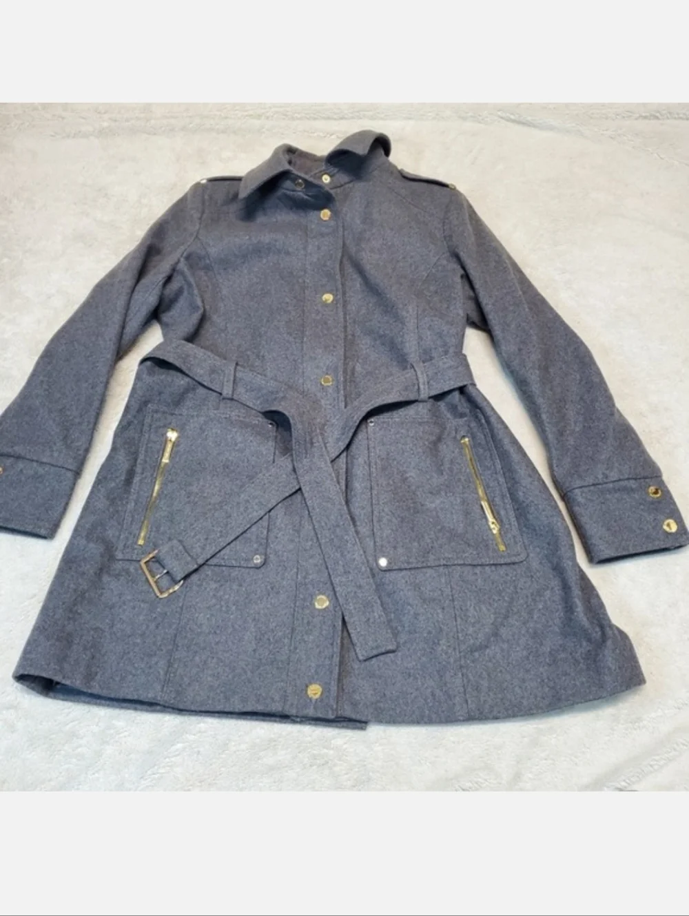 Michael Kors Gray‎ Wool Blend Gold Zip Cozy Winter Classic Long Trench Coat XL